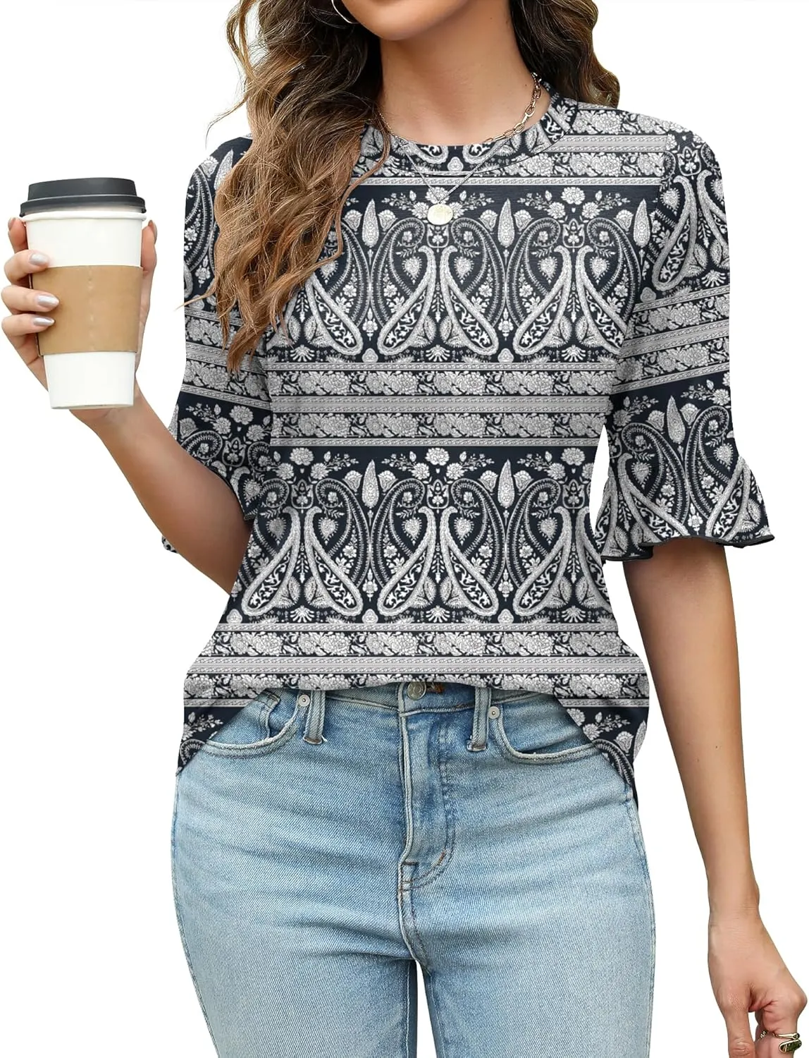Rapbin Womens 3/4 Length Sleeve Tops Loose Fit Casual Crew Neck Shirts Ruffle Tunic Blouses