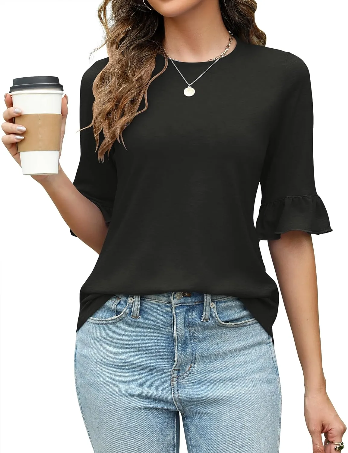 Rapbin Womens 3/4 Length Sleeve Tops Loose Fit Casual Crew Neck Shirts Ruffle Tunic Blouses