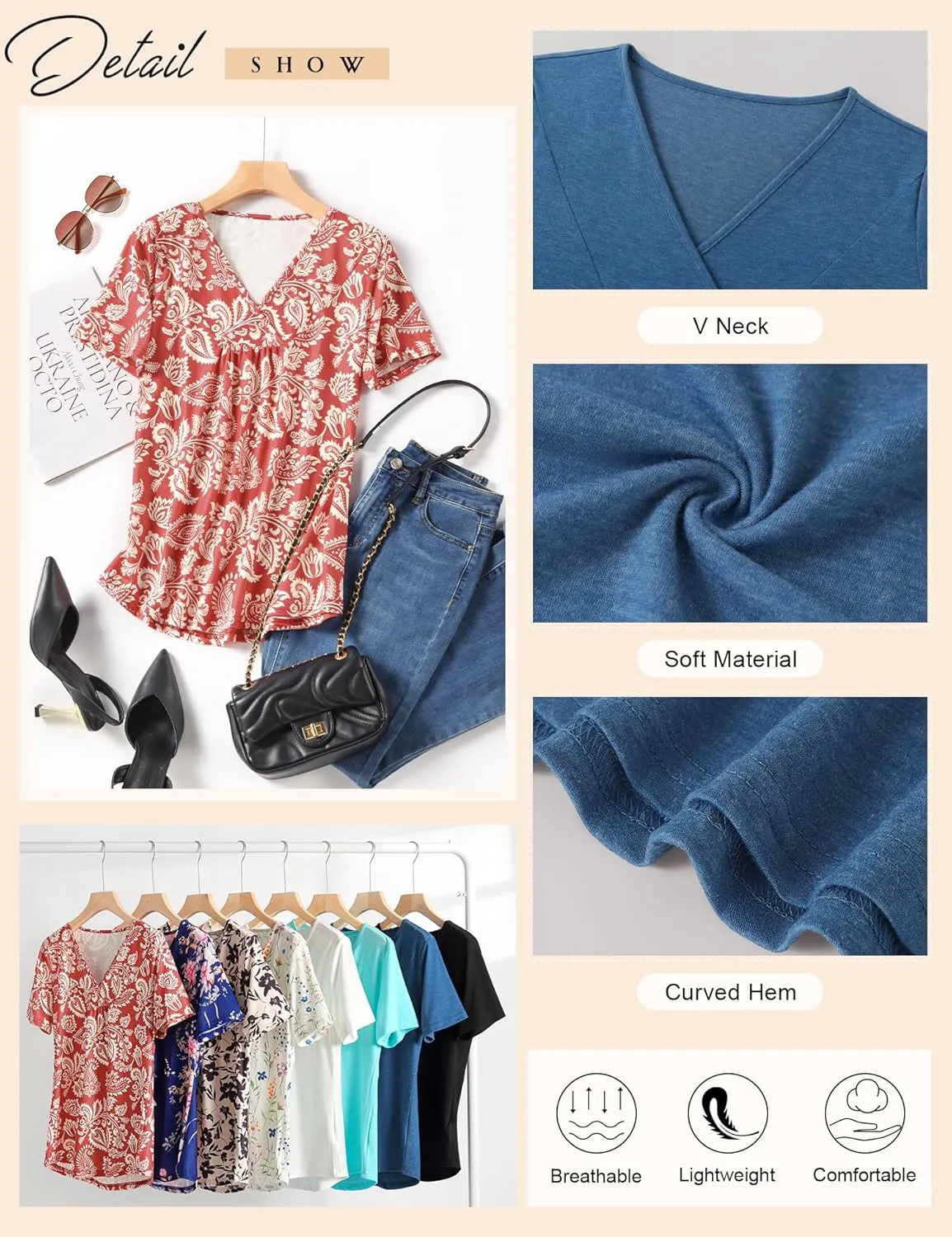 Rapbin Womens Short Sleeve Tunic Tops Dressy V Neck T Shirts Loose Fit Summer Pleated Blouses 2025