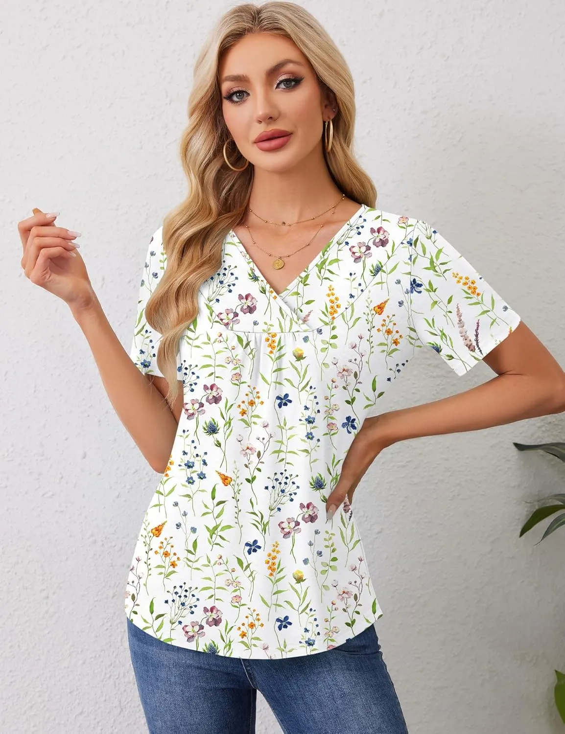 Rapbin Womens Short Sleeve Tunic Tops Dressy V Neck T Shirts Loose Fit Summer Pleated Blouses 2025