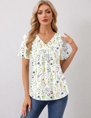 Rapbin Womens Short Sleeve Tunic Tops Dressy V Neck T Shirts Loose Fit Summer Pleated Blouses 2025