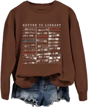 Return to Library Shirt Women Vintage Book Lover Sweatshirt Graphic Crewneck Reader Librarian Teacher Pullover Tops