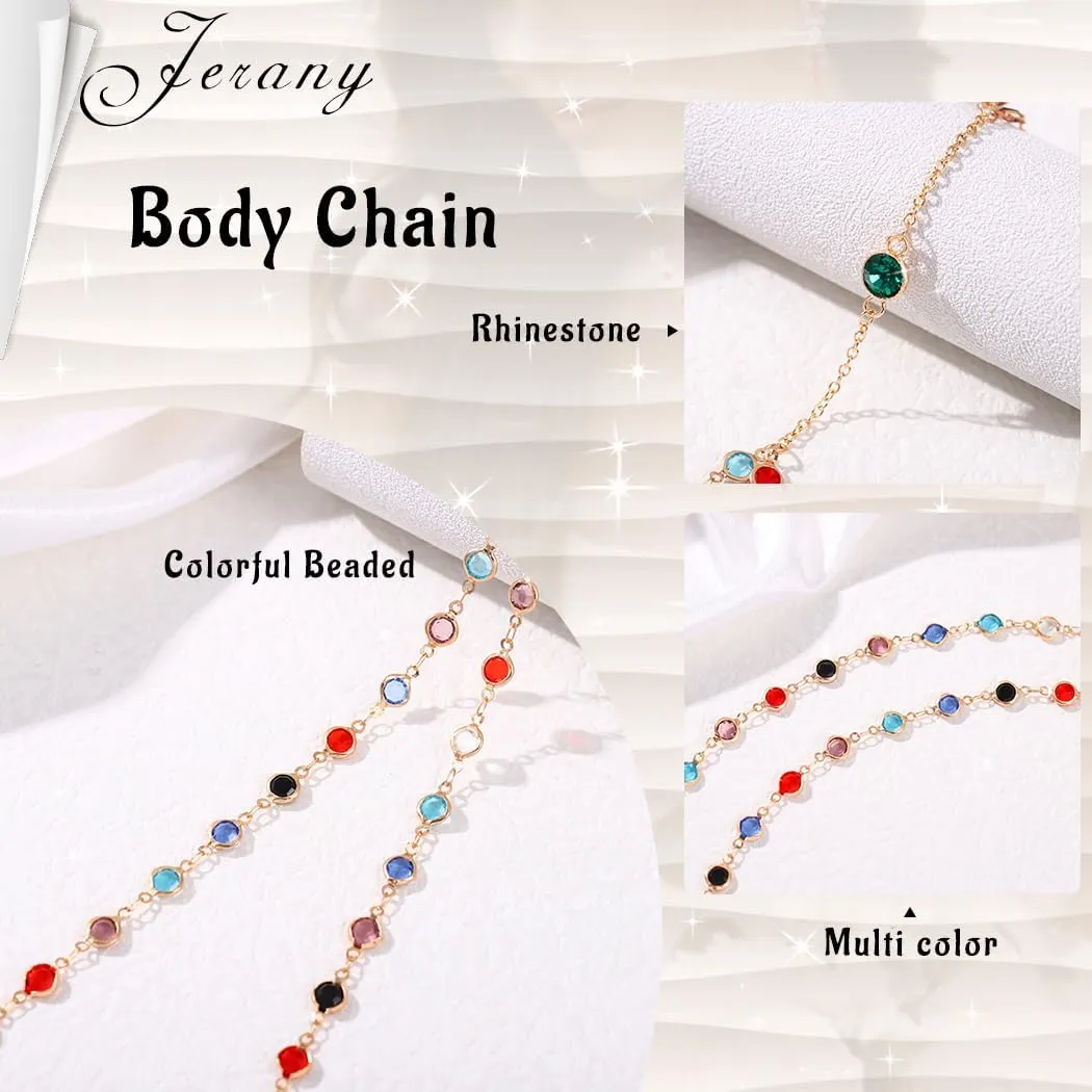 Rhinestone Body Chain Colorful Beaded Bra Chain Beach Bikini Crystal Belly Dance Chain for Women