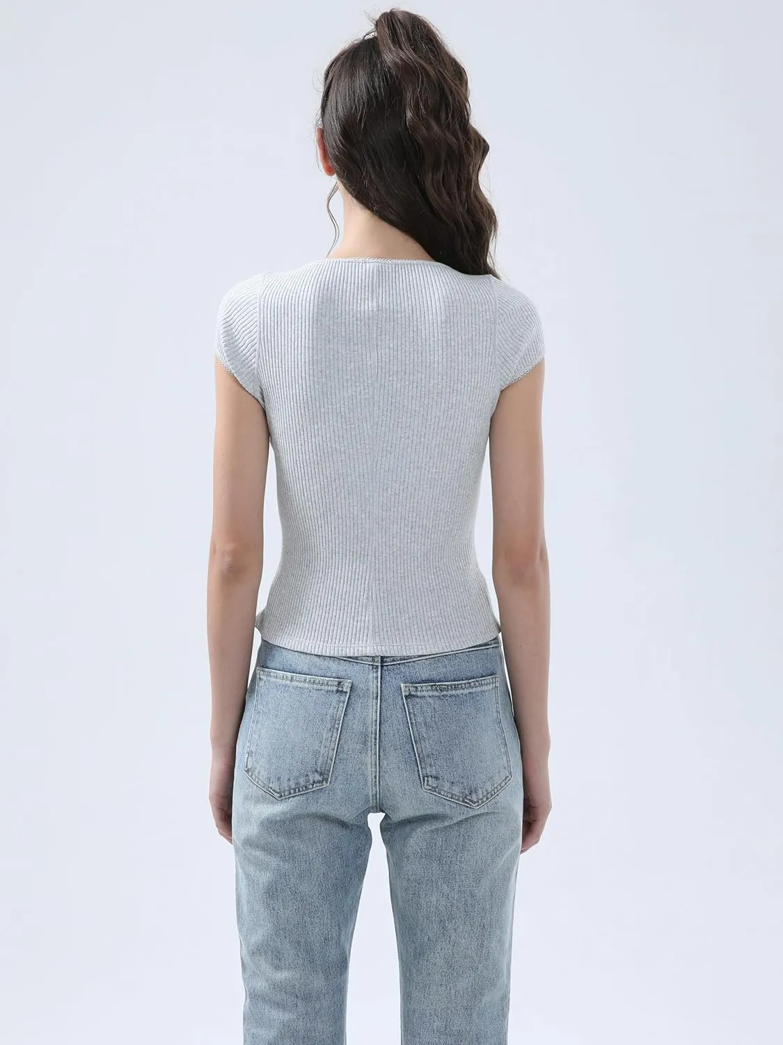 Ribbed Button Down T Shirts for Women Short Sleeve Going Out Tops Cropped Fitted Knit Blouses