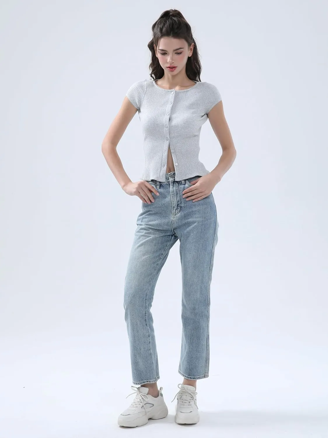 Ribbed Button Down T Shirts for Women Short Sleeve Going Out Tops Cropped Fitted Knit Blouses