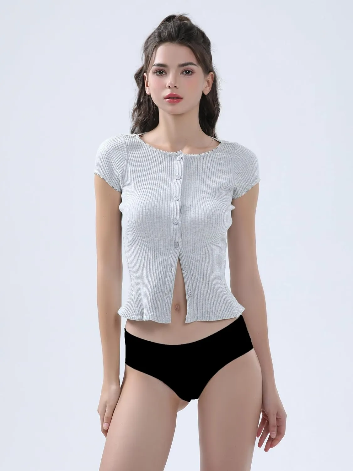 Ribbed Button Down T Shirts for Women Short Sleeve Going Out Tops Cropped Fitted Knit Blouses