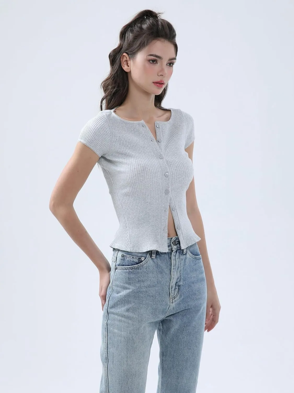 Ribbed Button Down T Shirts for Women Short Sleeve Going Out Tops Cropped Fitted Knit Blouses