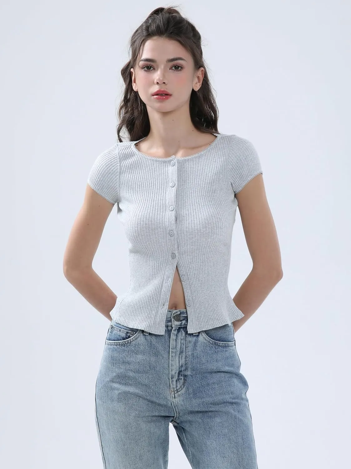 Ribbed Button Down T Shirts for Women Short Sleeve Going Out Tops Cropped Fitted Knit Blouses