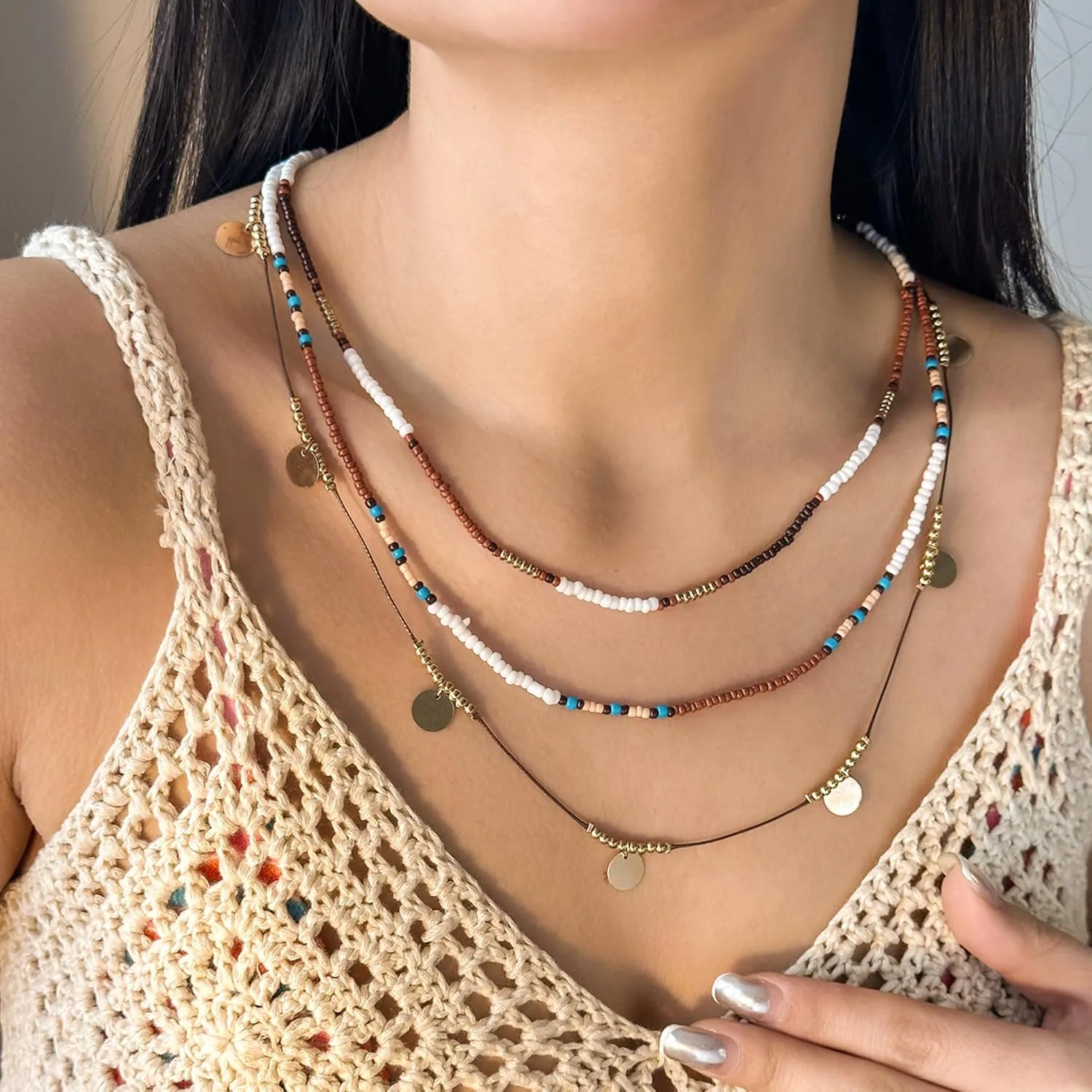 RINHOO FRIENDSHIP Bead Choker Necklace for Woman Bohemian Beaded Layered Summer Necklace Adjustable Beach Jewelry for Woman