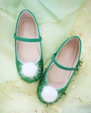 Rock Glitter Mary Jane Ballet Flats with White Faux Fur Puff