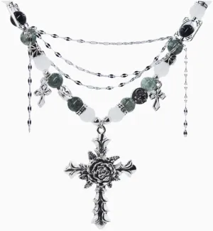 Rose Cross Pendant Necklace, Beaded Tassel Chains, Dark Motif, Stainless Steel