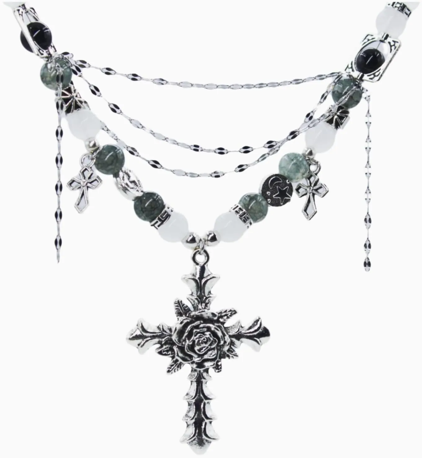 Rose Cross Pendant Necklace, Beaded Tassel Chains, Dark Motif, Stainless Steel