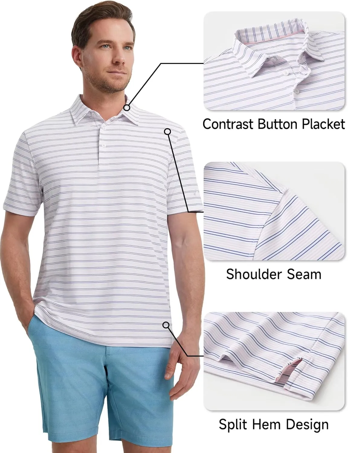 Rouen Men's Polo Shirts Short Sleeve Dry Fit Performance Wicking Moisture Causal Striped Collared Golf Shirts for Men