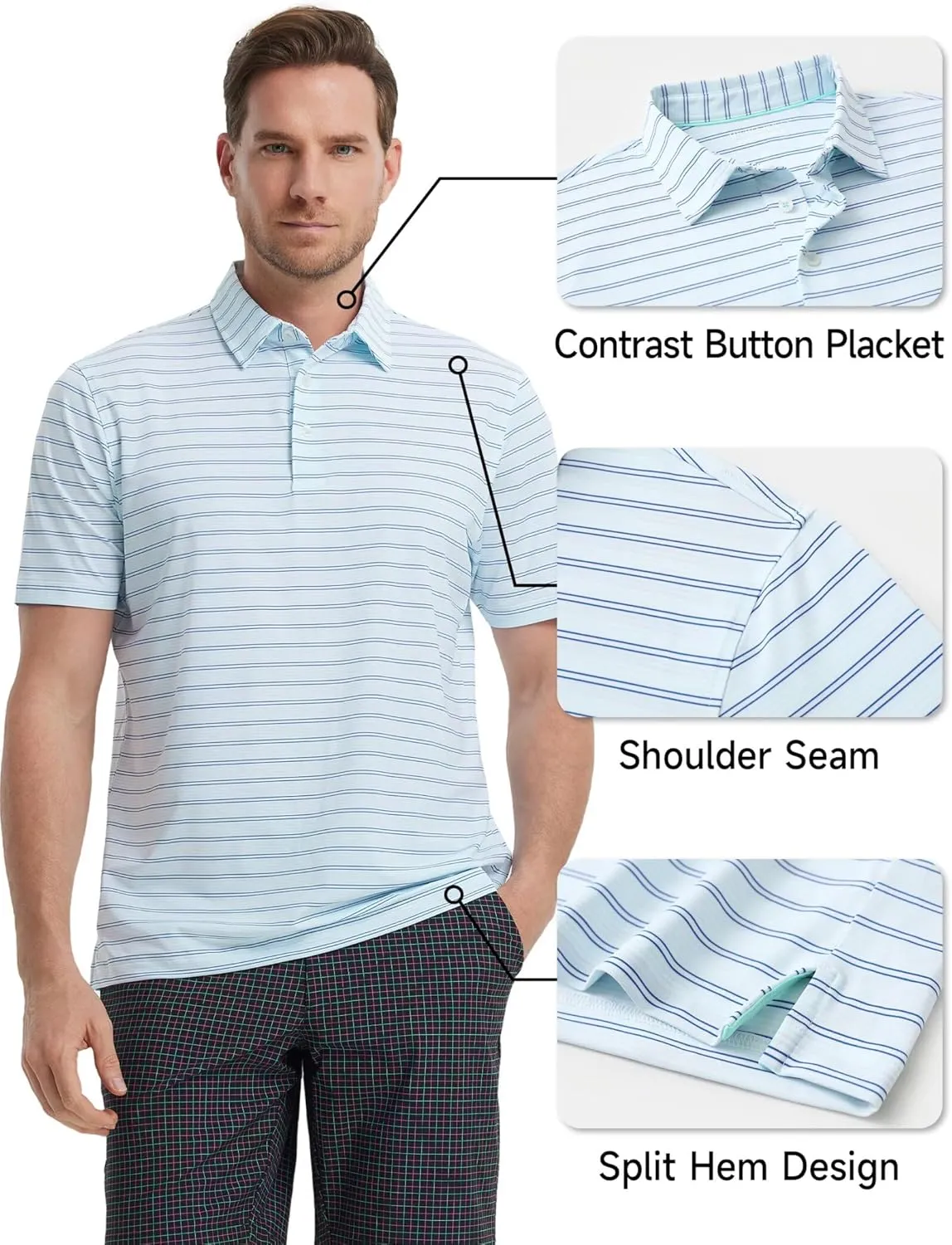 Rouen Men's Polo Shirts Short Sleeve Dry Fit Performance Wicking Moisture Causal Striped Collared Golf Shirts for Men