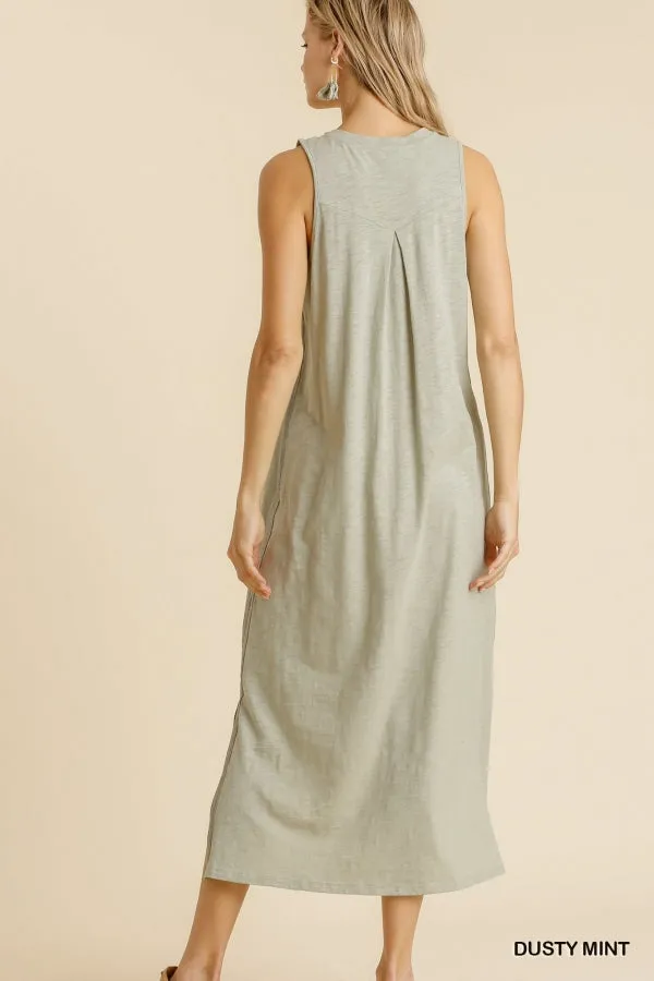 Round Neck Button Front Sleeveless Side Slits Maxi Dress