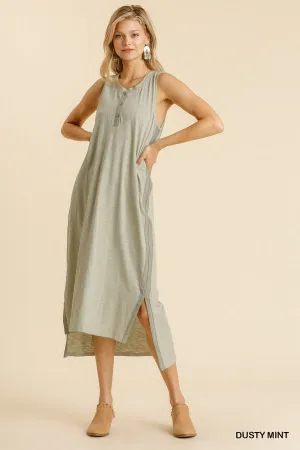 Round Neck Button Front Sleeveless Side Slits Maxi Dress