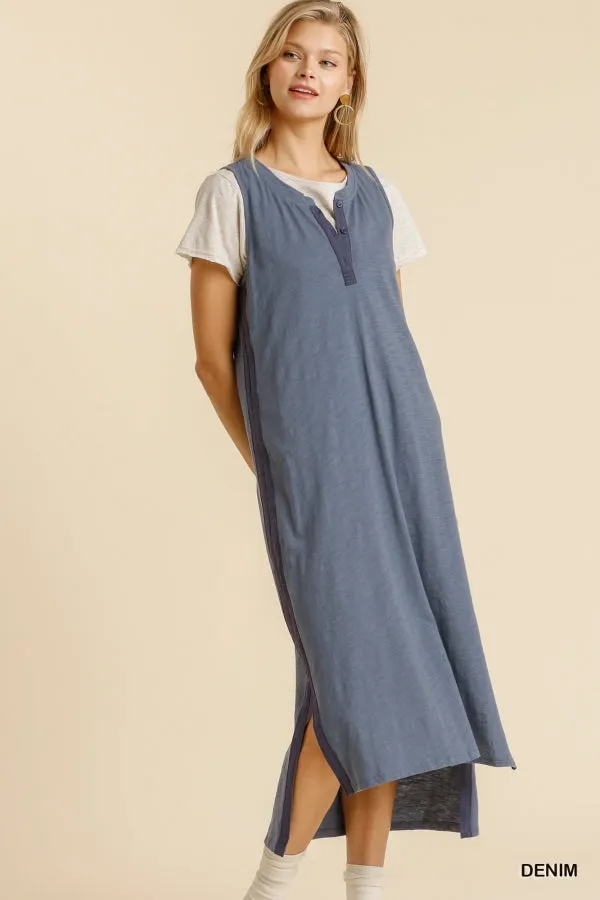 Round Neck Button Front Sleeveless Side Slits Maxi Dress