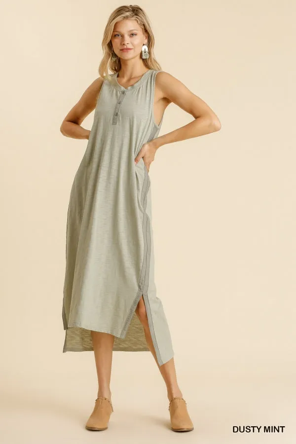Round Neck Button Front Sleeveless Side Slits Maxi Dress