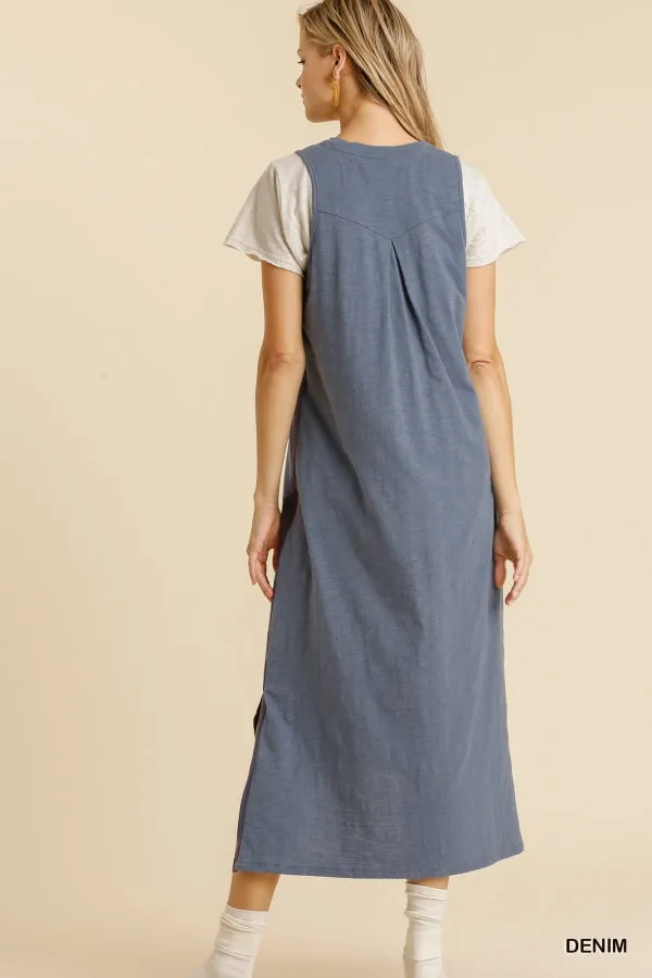 Round Neck Button Front Sleeveless Side Slits Maxi Dress