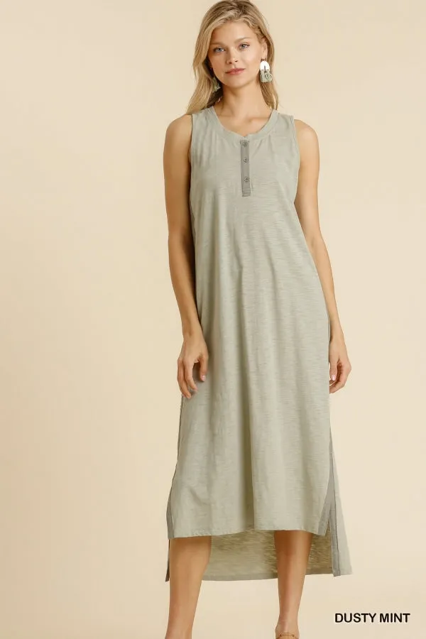 Round Neck Button Front Sleeveless Side Slits Maxi Dress