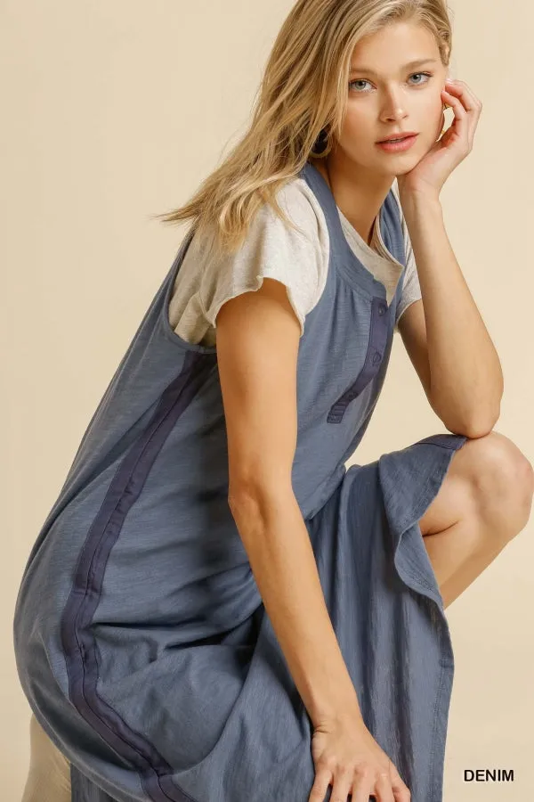 Round Neck Button Front Sleeveless Side Slits Maxi Dress