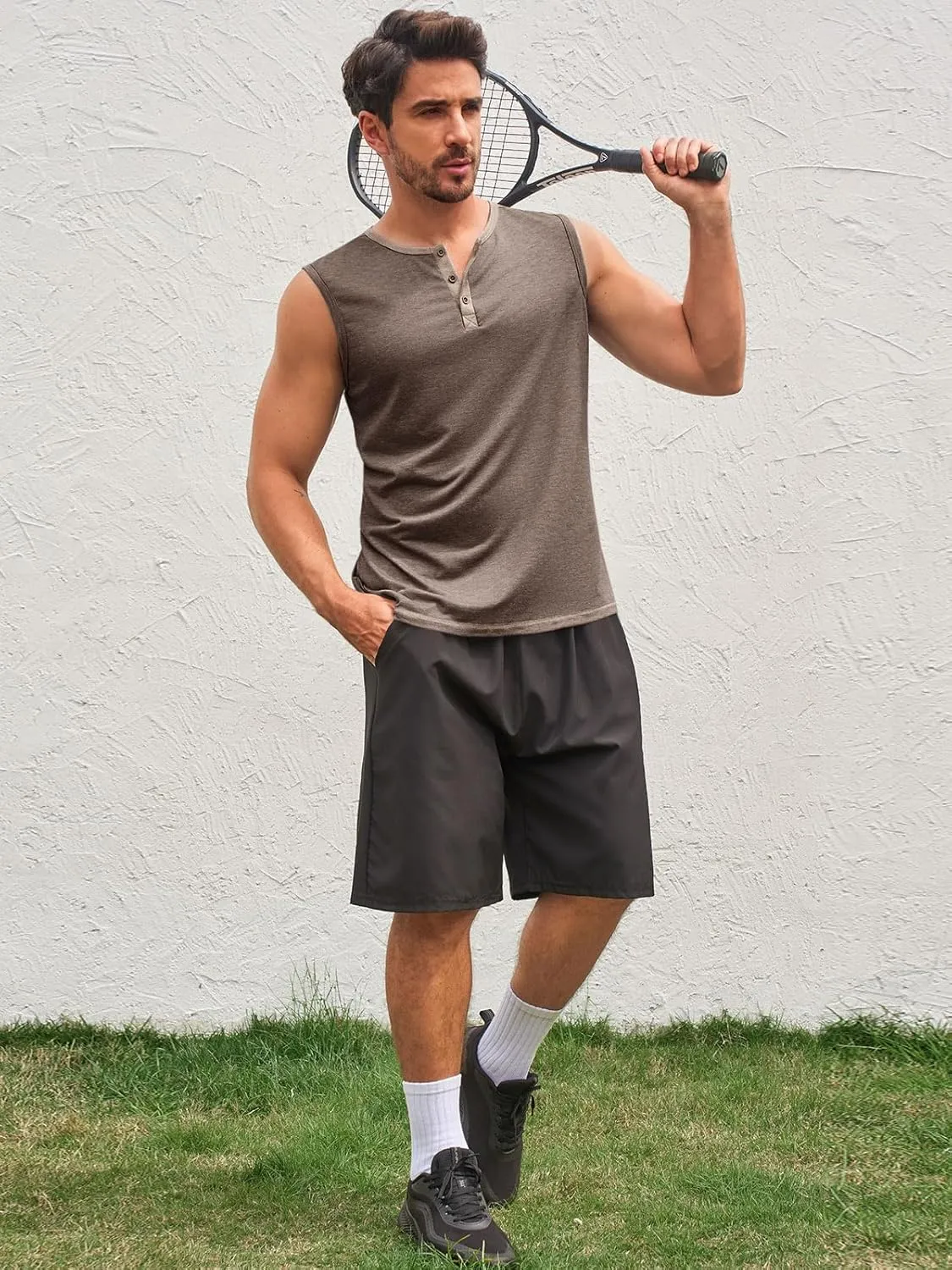 Runcati Men's Workout Tank Tops Sleeveless Gym Muscle Henley Shirt Casual Basic Summer Beach Tops