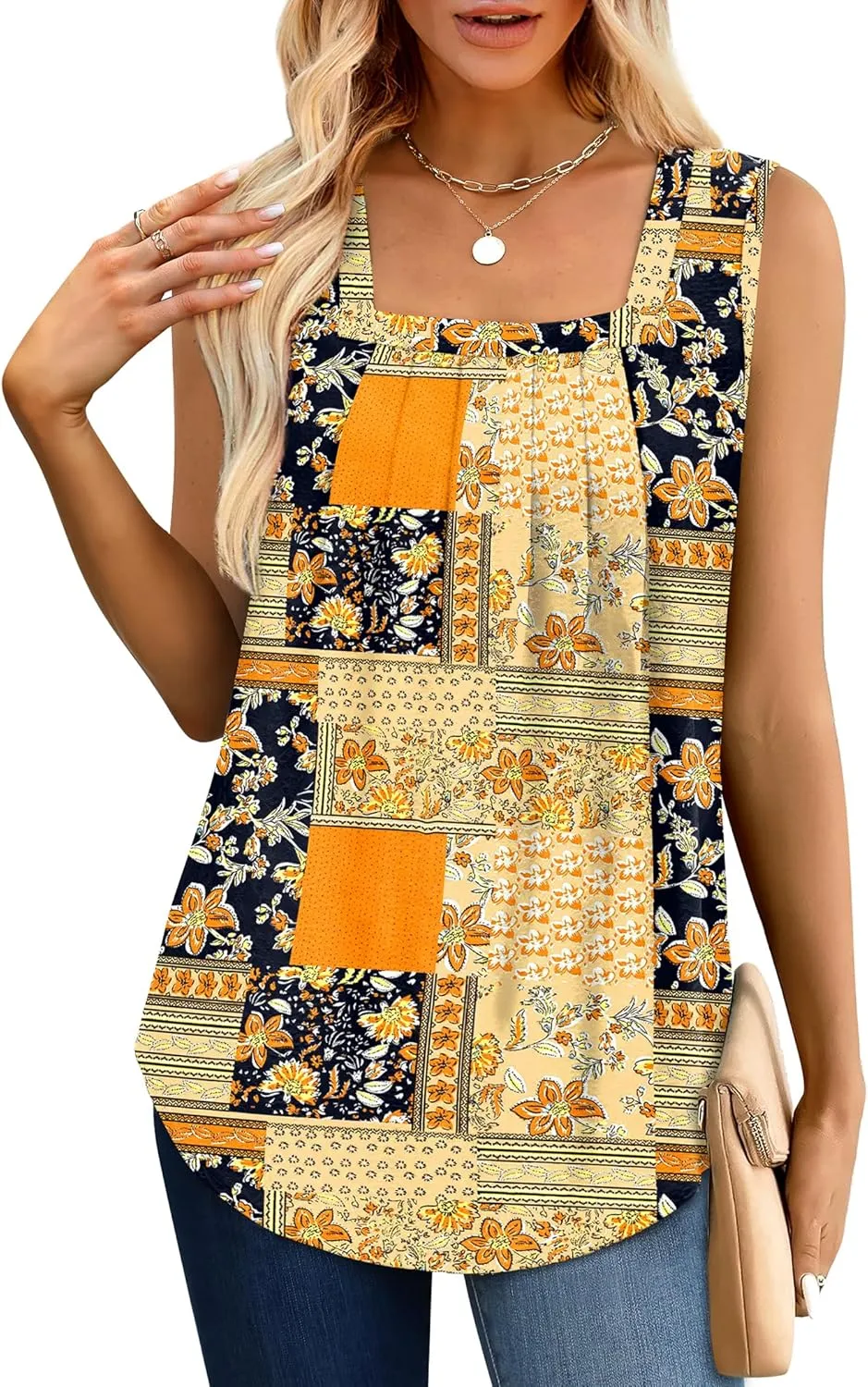 Saloogoe Tank Top for Women Loose Fit Eyelet Summer Tops Flowy Sleeveless Blouses Pleated Square Neck Curved Hem Fashion