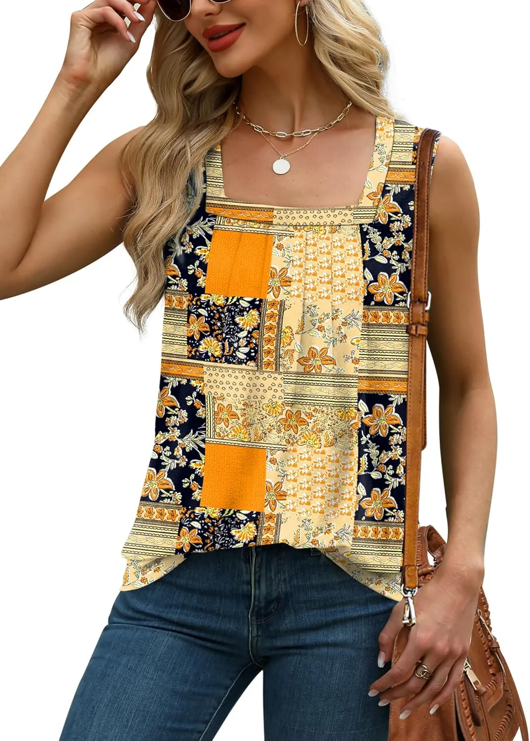 Saloogoe Tank Top for Women Loose Fit Eyelet Summer Tops Flowy Sleeveless Blouses Pleated Square Neck Curved Hem Fashion