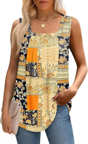 Saloogoe Tank Top for Women Loose Fit Eyelet Summer Tops Flowy Sleeveless Blouses Pleated Square Neck Curved Hem Fashion