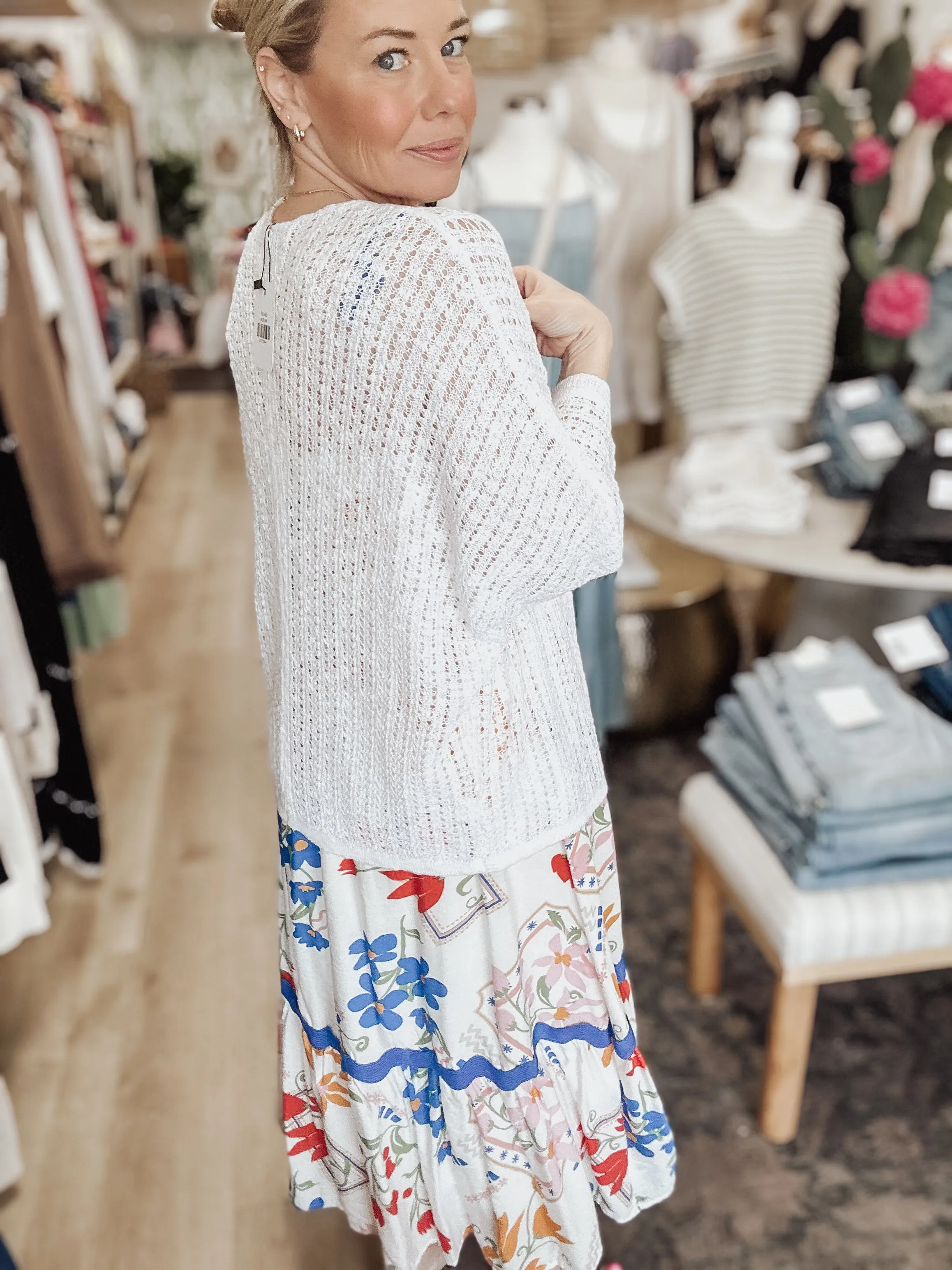 Salt Air Open Weaved Crochet 3/4 Kimono Sleeve Open Front Cardigan - Ivory