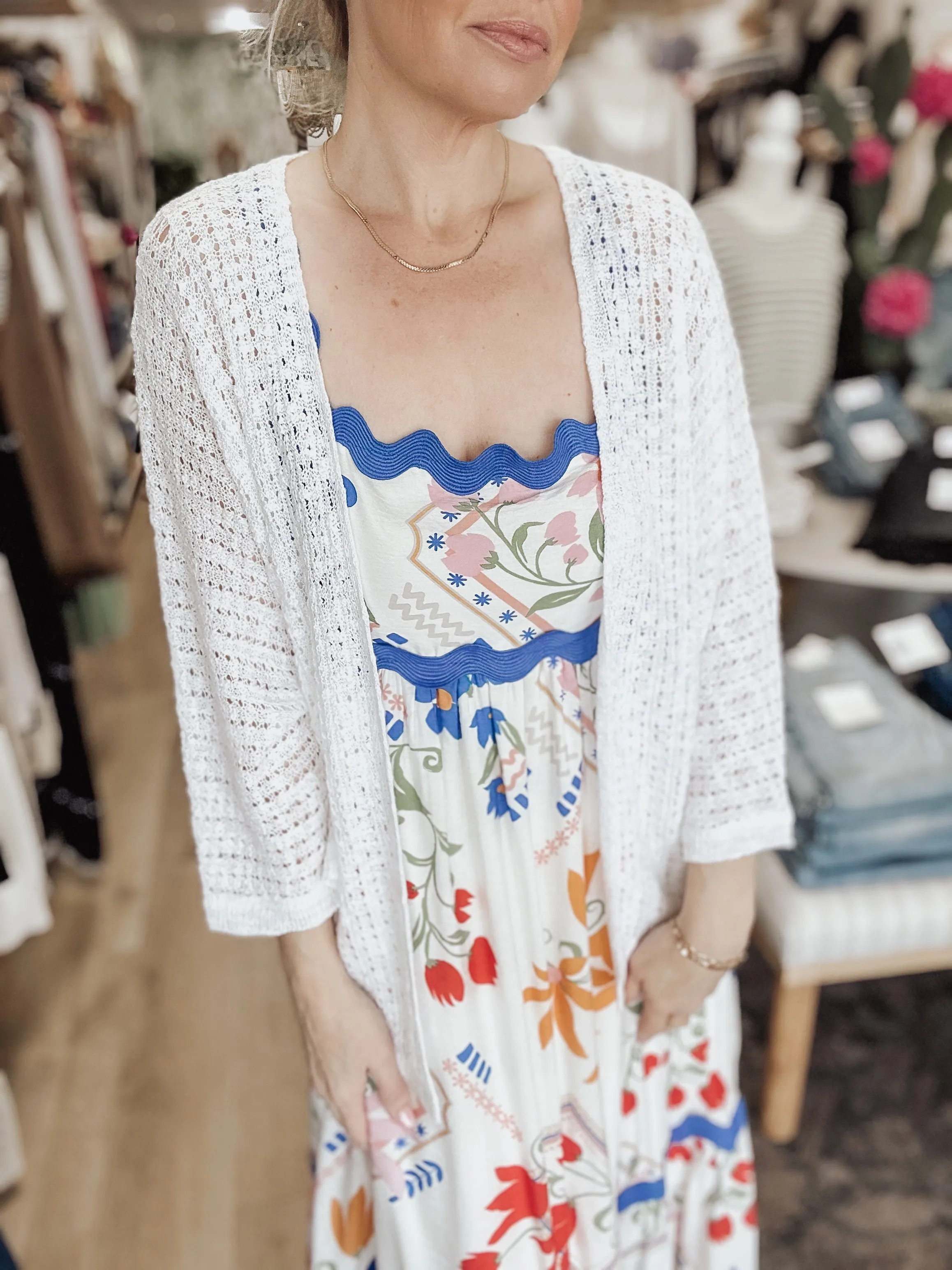 Salt Air Open Weaved Crochet 3/4 Kimono Sleeve Open Front Cardigan - Ivory
