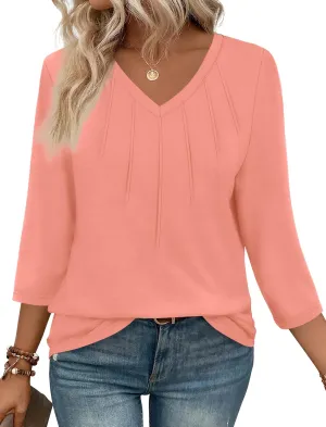 SAMPEEL 3/4 Length Sleeve Womens Tops Pleated V Neck Dressy Casual Blouses Summer Outfits Plus Size Spring Clothes