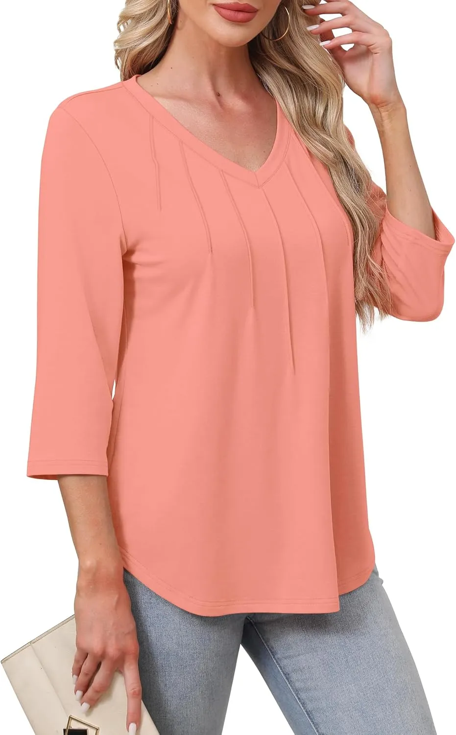 SAMPEEL 3/4 Length Sleeve Womens Tops Pleated V Neck Dressy Casual Blouses Summer Outfits Plus Size Spring Clothes