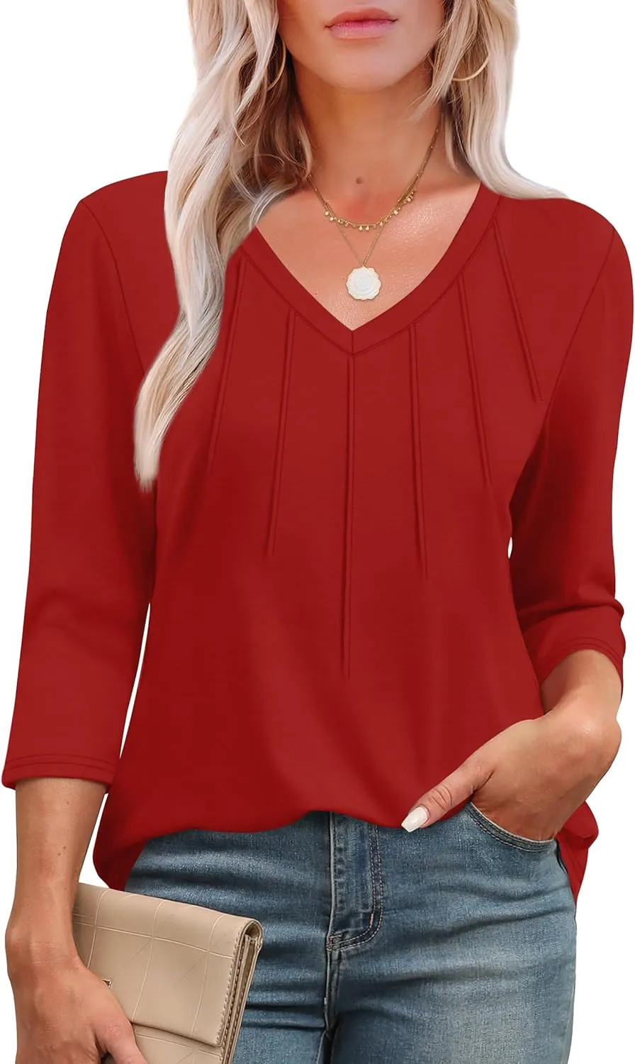 SAMPEEL 3/4 Length Sleeve Womens Tops Pleated V Neck Dressy Casual Blouses Summer Outfits Plus Size Spring Clothes