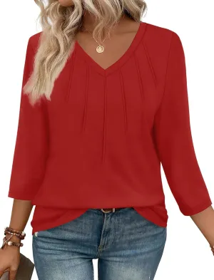 SAMPEEL 3/4 Length Sleeve Womens Tops Pleated V Neck Dressy Casual Blouses Summer Outfits Plus Size Spring Clothes