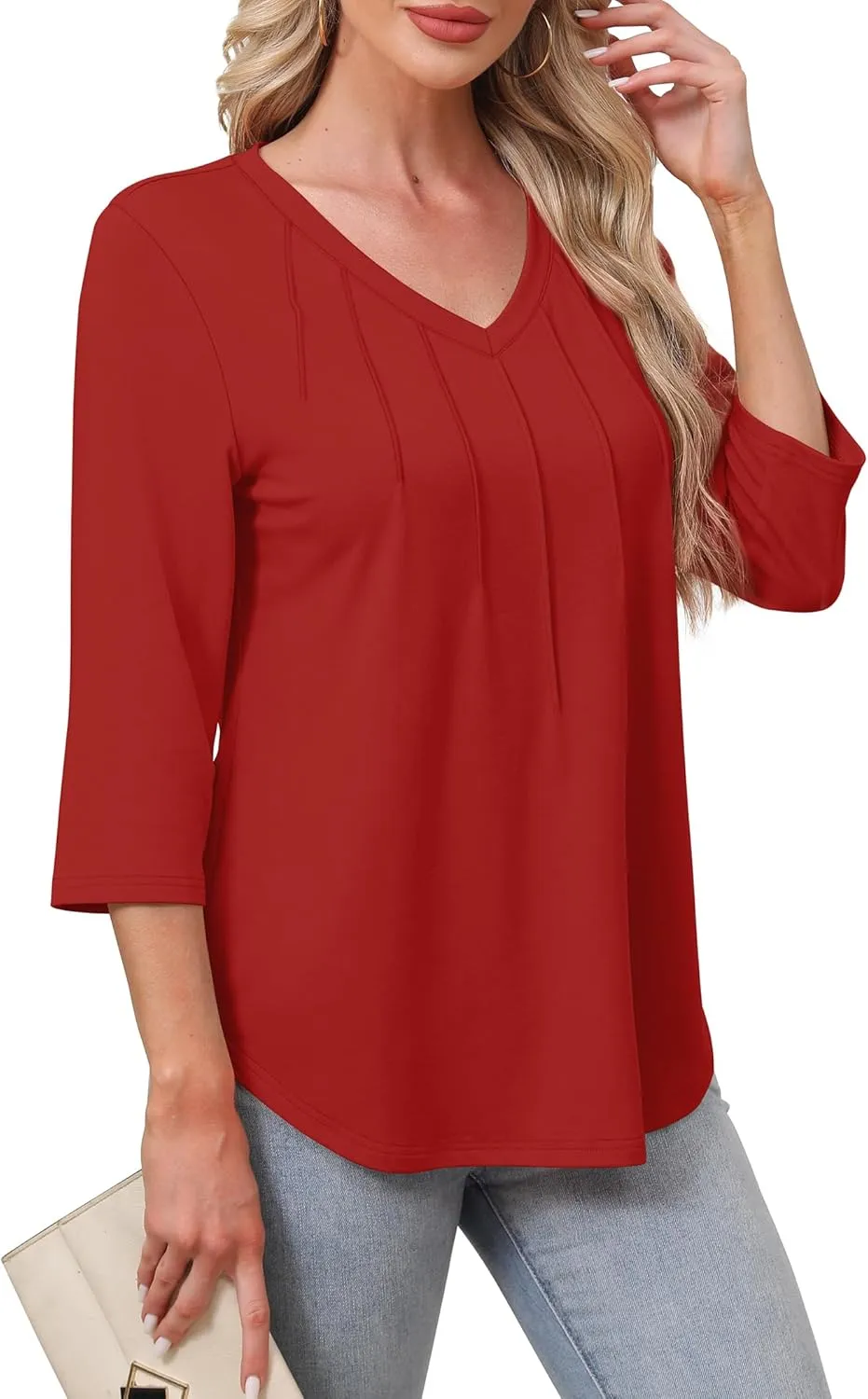 SAMPEEL 3/4 Length Sleeve Womens Tops Pleated V Neck Dressy Casual Blouses Summer Outfits Plus Size Spring Clothes