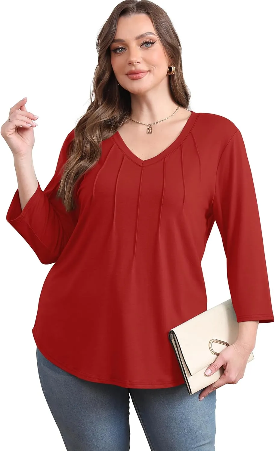 SAMPEEL 3/4 Length Sleeve Womens Tops Pleated V Neck Dressy Casual Blouses Summer Outfits Plus Size Spring Clothes