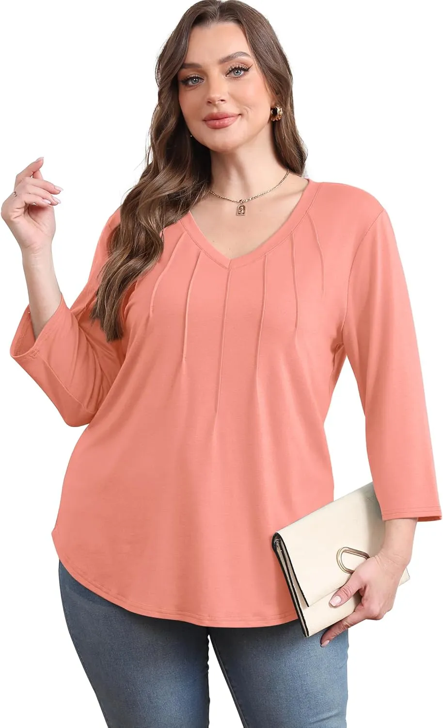 SAMPEEL 3/4 Length Sleeve Womens Tops Pleated V Neck Dressy Casual Blouses Summer Outfits Plus Size Spring Clothes