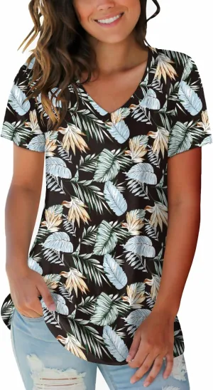 SAMPEEL Womens Summer Tops Floral Tees Short Sleeve Tunic V Neck T Shirts