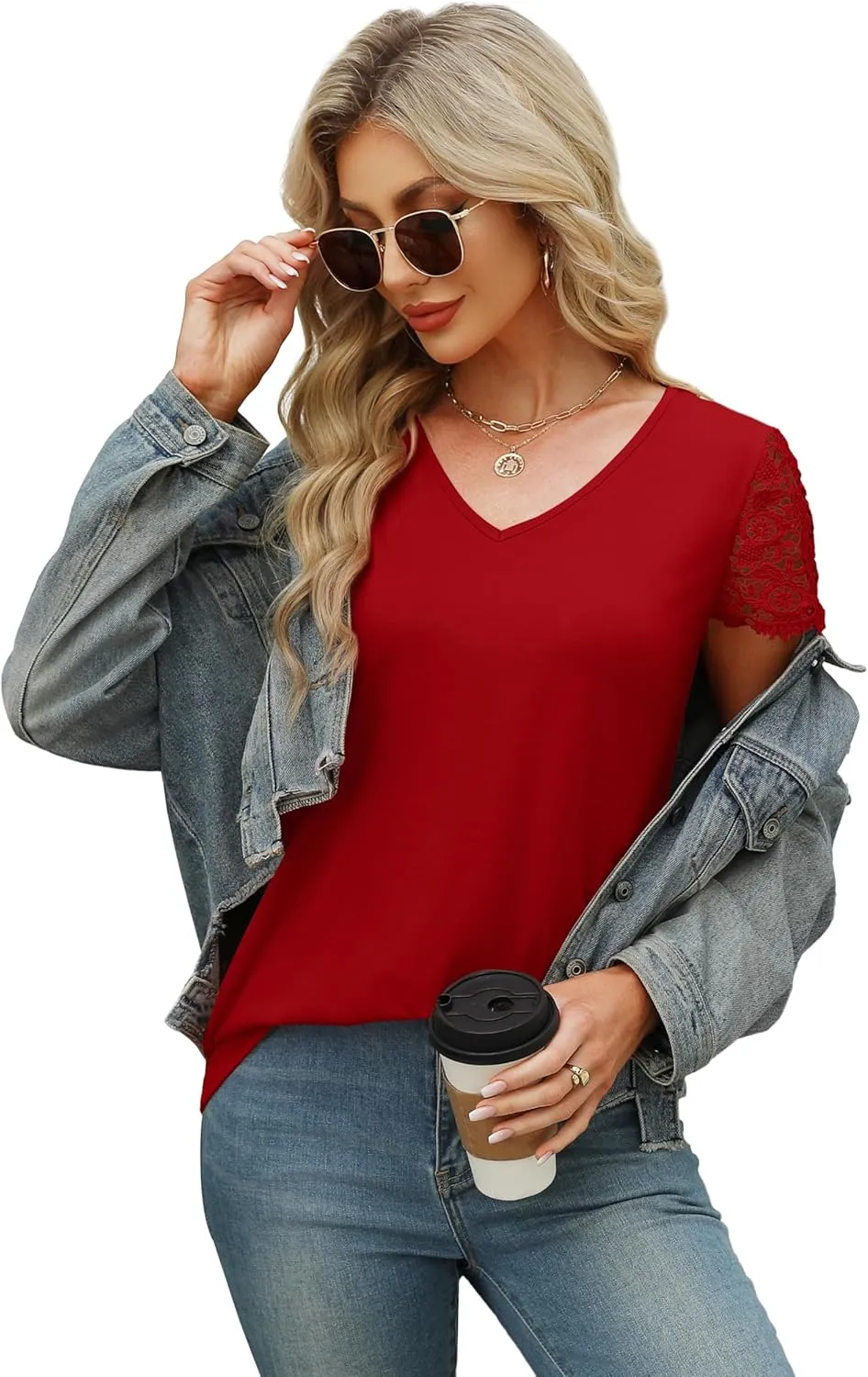 SAMPEEL Womens Tshirts Trendy Fashion Tops Lace Short Sleeve Business Tee Shirts Casual Knitted Blouses Summer Outfits 2025