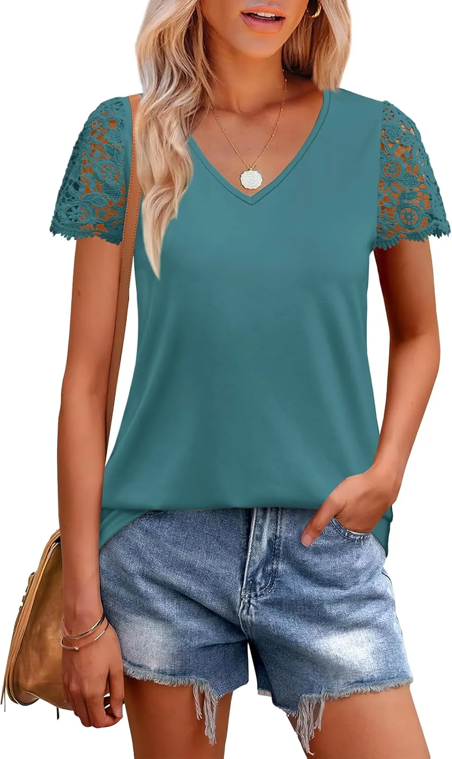 SAMPEEL Womens Tshirts Trendy Fashion Tops Lace Short Sleeve Business Tee Shirts Casual Knitted Blouses Summer Outfits 2025