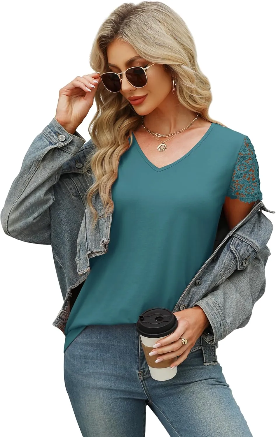 SAMPEEL Womens Tshirts Trendy Fashion Tops Lace Short Sleeve Business Tee Shirts Casual Knitted Blouses Summer Outfits 2025