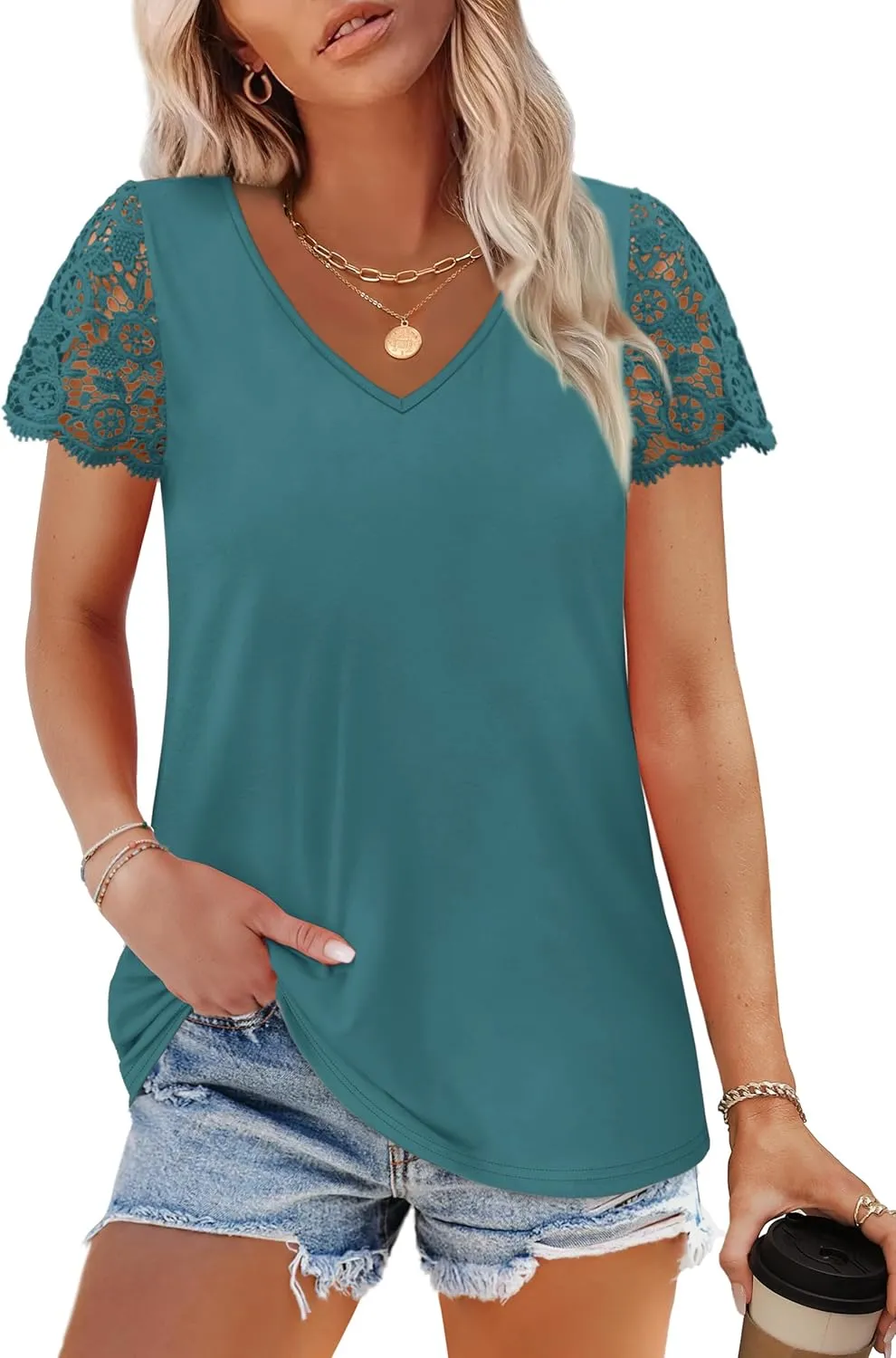 SAMPEEL Womens Tshirts Trendy Fashion Tops Lace Short Sleeve Business Tee Shirts Casual Knitted Blouses Summer Outfits 2025