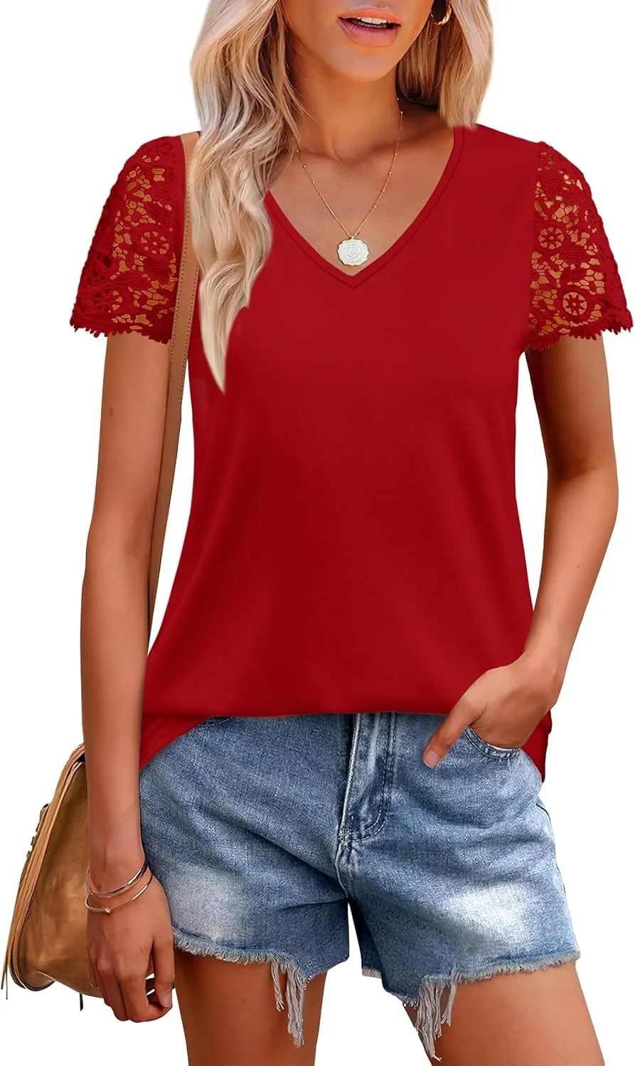SAMPEEL Womens Tshirts Trendy Fashion Tops Lace Short Sleeve Business Tee Shirts Casual Knitted Blouses Summer Outfits 2025