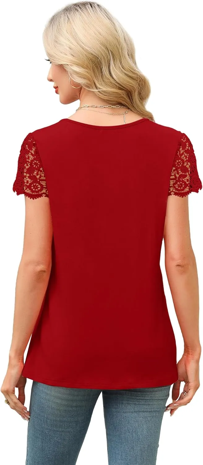 SAMPEEL Womens Tshirts Trendy Fashion Tops Lace Short Sleeve Business Tee Shirts Casual Knitted Blouses Summer Outfits 2025