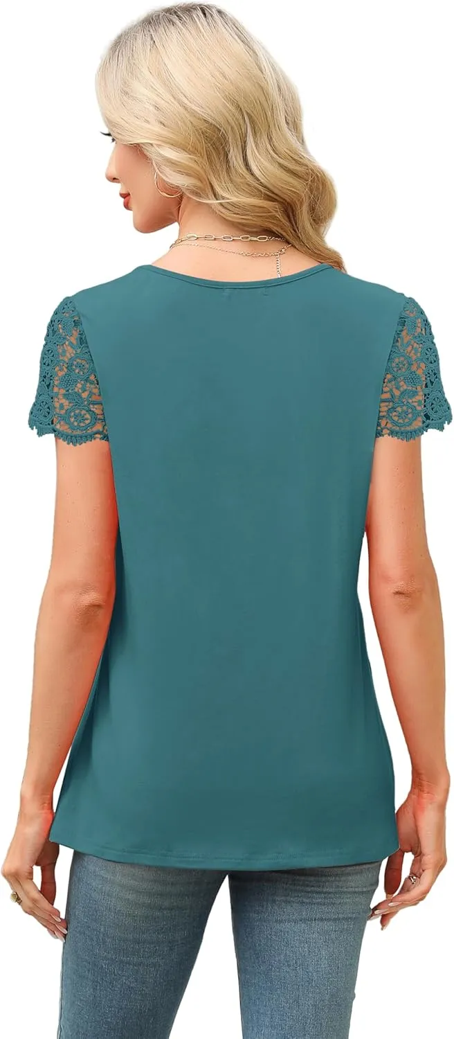 SAMPEEL Womens Tshirts Trendy Fashion Tops Lace Short Sleeve Business Tee Shirts Casual Knitted Blouses Summer Outfits 2025