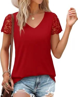 SAMPEEL Womens Tshirts Trendy Fashion Tops Lace Short Sleeve Business Tee Shirts Casual Knitted Blouses Summer Outfits 2025