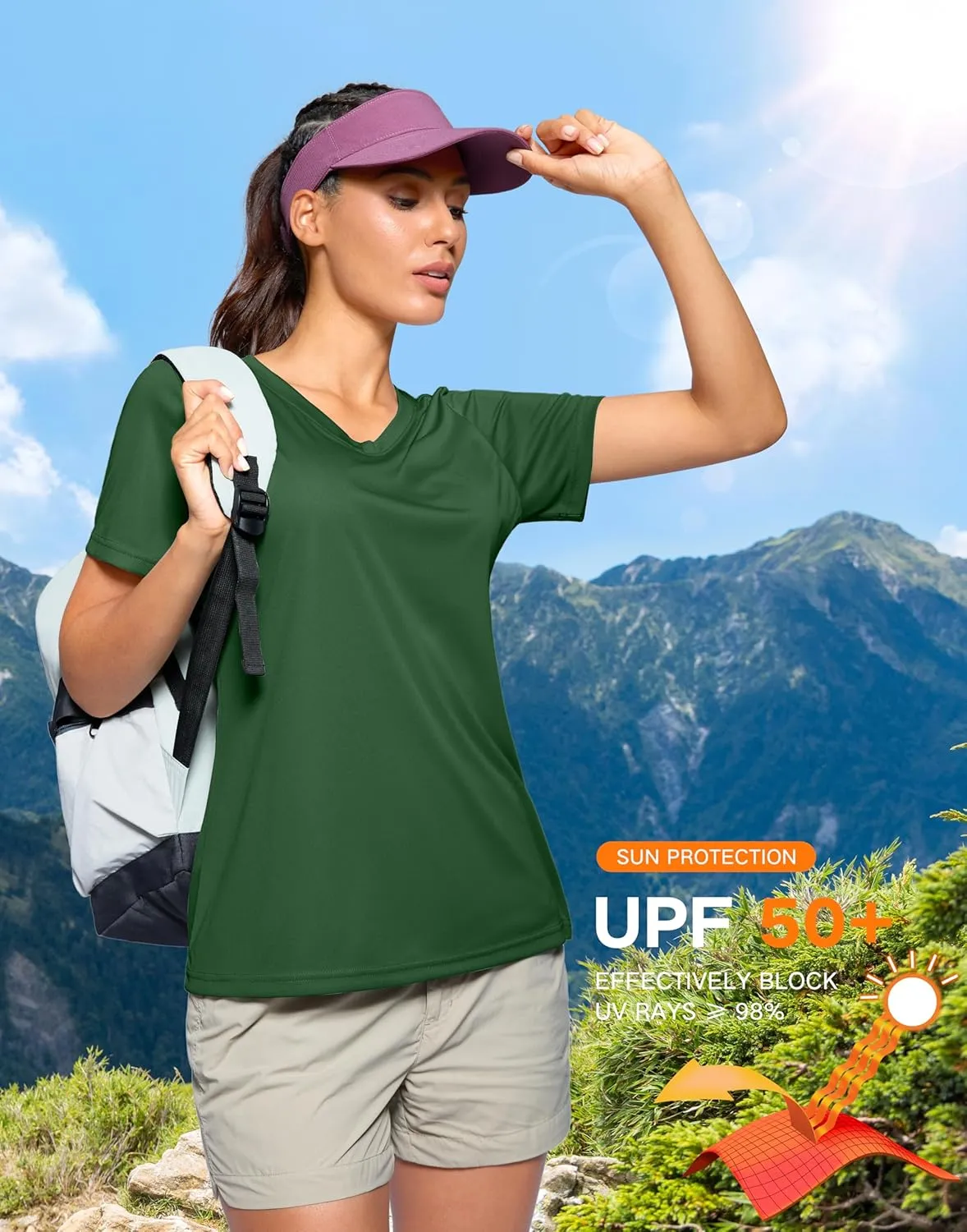 SANTINY Women's V Neck Short Sleeve Shirts Uv Protectioin Moisture Wicking Hiking Workout Athletic T Shirts for Women