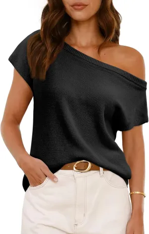 Saodimallsu Womens Off One Shoulder Sweater Tops Summer Short Sleeve Casual Loose Knit Trendy Going Out Tops