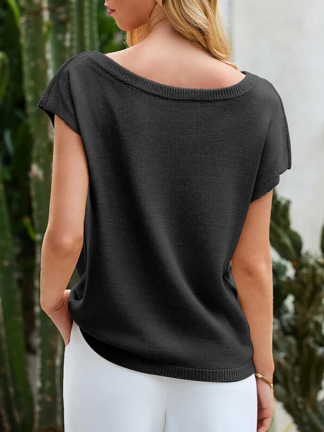 Saodimallsu Womens Off One Shoulder Sweater Tops Summer Short Sleeve Casual Loose Knit Trendy Going Out Tops